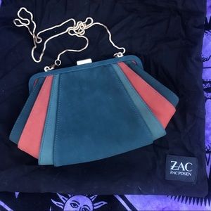 Zac Posen crossbody clutch purse leather removable strap green gold brown EUC